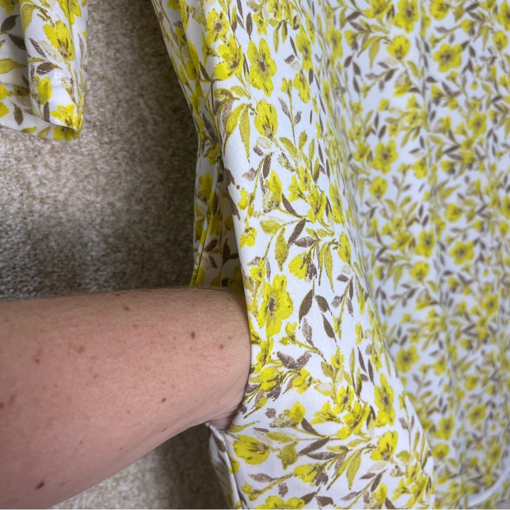 Imperfect yellow floral pocket dress vneck pointed collar lined bright bohemian - Picture 11 of 16
